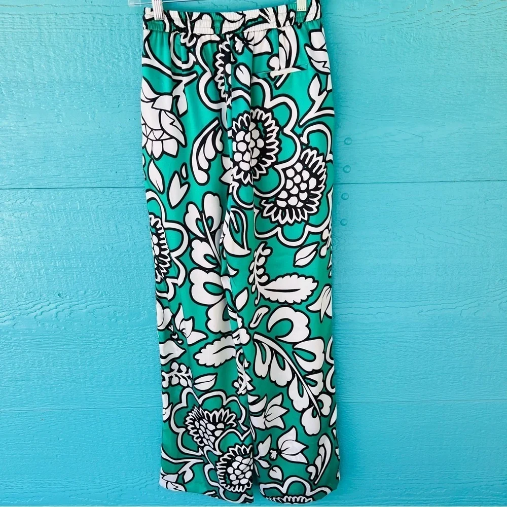 ZARA SATIN PALAZZO PANTS FLORAL PRINT ELASTIC WAIST SIZE SMALL KELLY GREEN  NWT